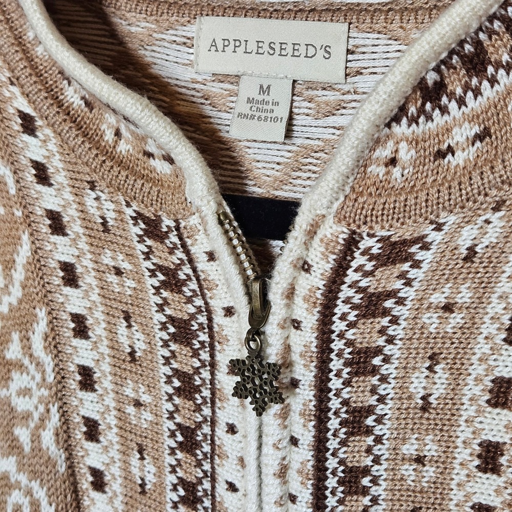 Appleseed's Womens Med Snowflake Cardigan Sweater Brown‎ Wool Knit Fair Isle Zip